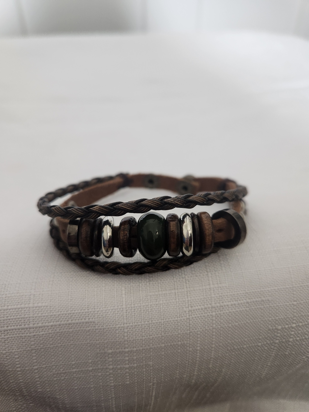 Brown Braided Leather Bracelet with Green Accent Bead
